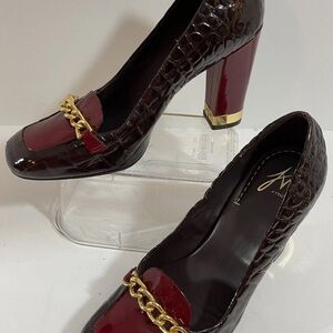 J Vincent Womens 7.5 Red Brown Crocodile Pattern Leather Stacked Heels Pre Owned